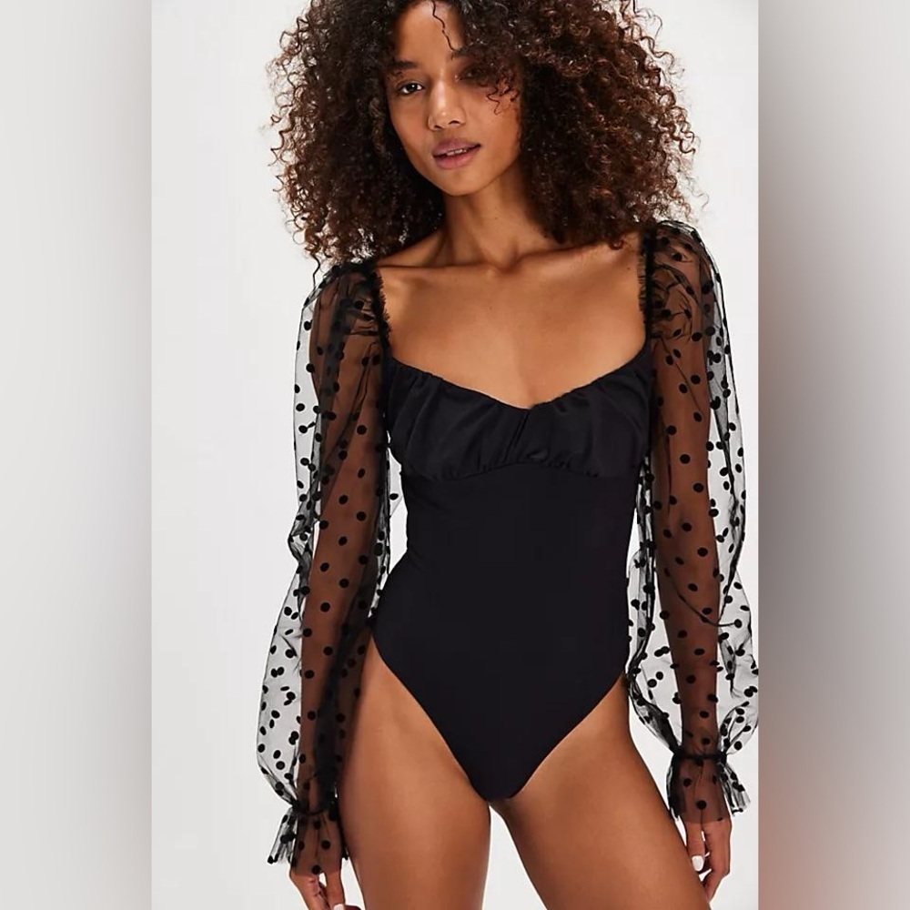 NWOT Free People Molly At Midnight Bodysuit Polka Dot Black Long Sleeves